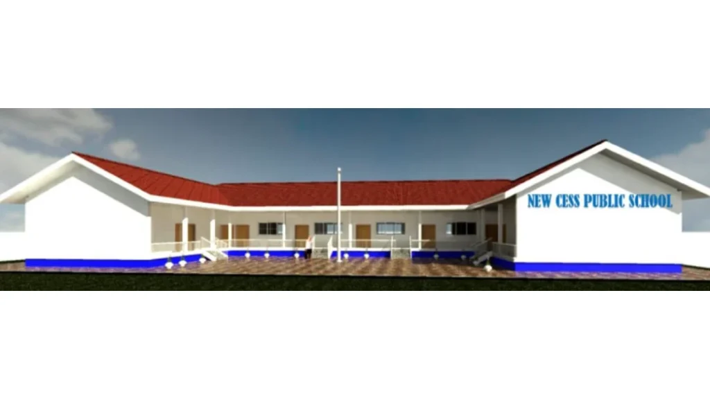 Architectural rendering of the planned New Cess Public School with a red roof and covered walkway
