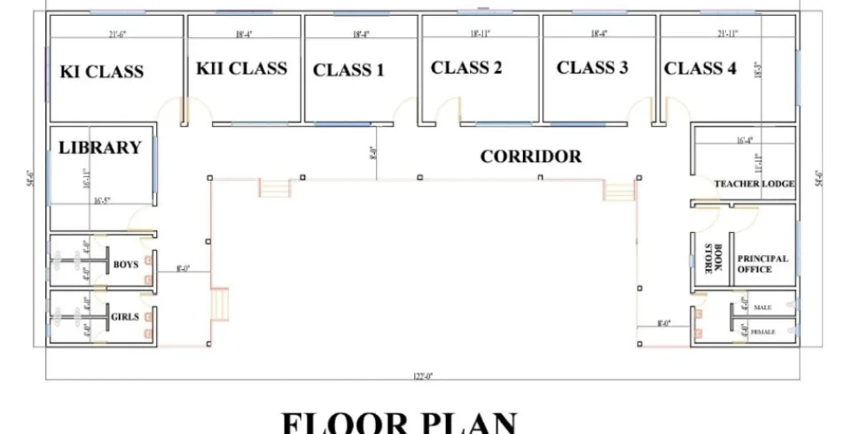 Floor plan showing six classrooms, a library, a corridor, a principal office and a teacher lodge